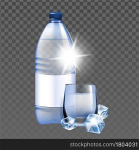 Mineral Water With Ice Cubes Cup And Bottle Vector. Refreshment Healthy Mineral Water Blank Package And Glass. Drinking Freshness Purity Natural Drink Template Realistic 3d Illustration. Mineral Water With Ice Cubes Cup And Bottle Vector