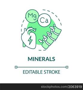 Minerals green concept icon. Fitness lifestyle supplements abstract idea thin line illustration. Isolated outline drawing. Editable stroke. Roboto-Medium, Myriad Pro-Bold fonts used. Minerals green concept icon