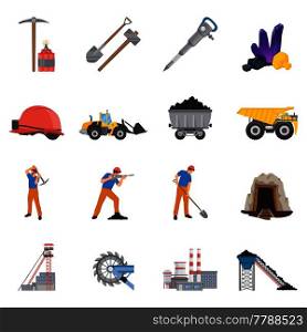 Minerals mining set of flat icons with workers and tools, coal, ore, machinery, factory isolated vector illustration . Minerals Mining Flat Icons Set