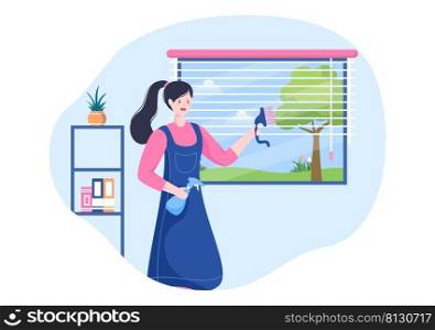 Mini Blinds Service Window and Curtains Treatment using Various Cleaning Tools or Home Interiors in Flat Cartoon Illustration