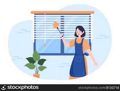 Mini Blinds Service Window and Curtains Treatment using Various Cleaning Tools or Home Interiors in Flat Cartoon Illustration