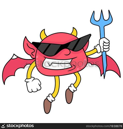 mini demon wearing cool sunglasses carries a spear and flies