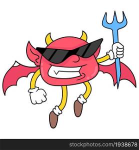 mini demon wearing cool sunglasses carries a spear and flies