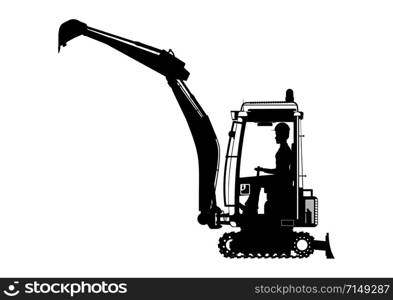 Mini excavator. Silhouette of excavators with an operator inside. Side view. Flat vector.