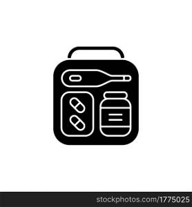 Mini first aid kit black glyph icon. Emergency bag with medication for trip. Essential things for tourist. Travel size objects. Silhouette symbol on white space. Vector isolated illustration. Mini first aid kit black glyph icon