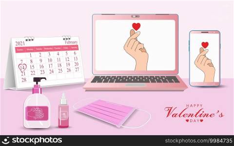 Mini heart on video calls Online Valentine s day the epidemic control covid19. at home on laptops. Composition desk with Calendars medical masks, hand washing gels is a new normal, new way of life.