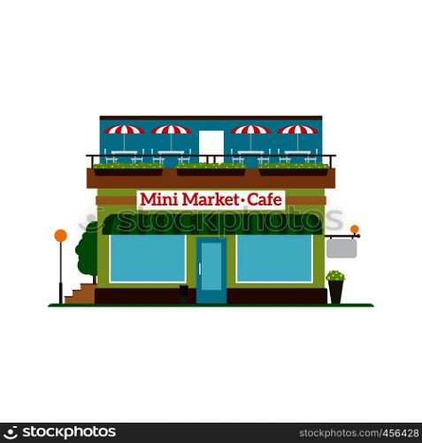 Mini Market Cafe flat style icon isolated on white. Vector illustration. Mini Market Cafe flat style icon
