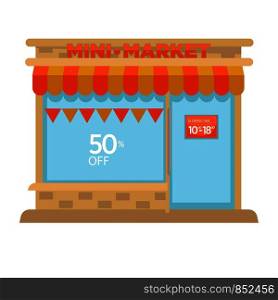 Mini market shop booth or grocery store vector isolated facade icon. Minimarket flat design street view with shop-window, door and signage. Mini market shop booth facade building of grocery store vector flat design isolated icon