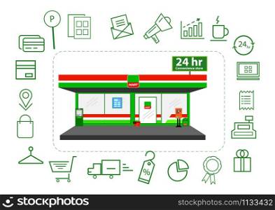 Mini market shop facade retail trade 24 hours with icons business.illustrator