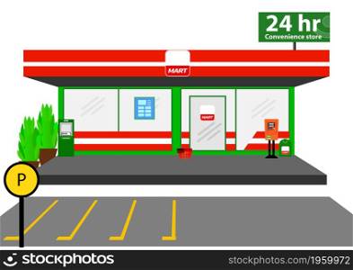Mini market shop facade retail trade 24 hours with icons business.illustrator