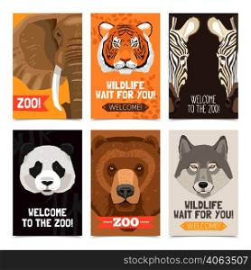 Mini posters set with different wild animals heads on each poster and zoo advertising flat vector illustration. Animals Mini Posters Set