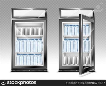 Mini refrigerator with water bottles and beverages, fridge with advertising digital display and transparent close and open glass door. Realistic 3d vector cooler with drinks on shelves front view. Mini refrigerator with water bottles on shelves