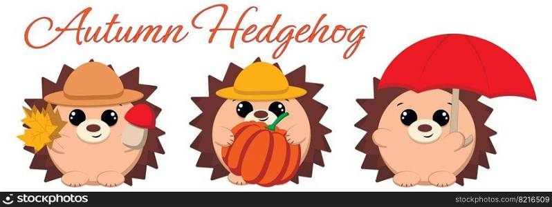 Mini set with cute cartoon autumn hedgehog. Draw illustration in color