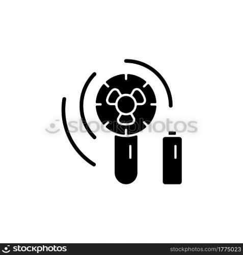 Mini travel fan black glyph icon. Portable amenities for comfort during summer vacation. Essentials for tourist. Travel size objects. Silhouette symbol on white space. Vector isolated illustration. Mini travel fan black glyph icon