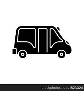 Minibus black glyph icon. Small bus for transporting passengers. Motor vehicle. Public, private transport. Travel service. Silhouette symbol on white space. Vector isolated illustration. Minibus black glyph icon