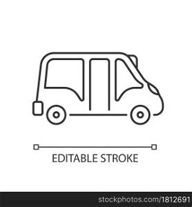 Minibus linear icon. Small bus for transporting passengers. Motor vehicle. Travel service. Thin line customizable illustration. Contour symbol. Vector isolated outline drawing. Editable stroke. Minibus linear icon