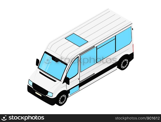 Minibus. Modern bus on white, background. Isometric view. Flat vector.