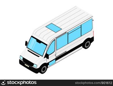Minibus. Modern bus on white, background. Isometric view. Flat vector.