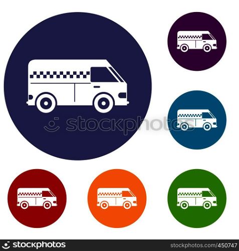 Minibus taxi icons set in flat circle reb, blue and green color for web. Minibus taxi icons set
