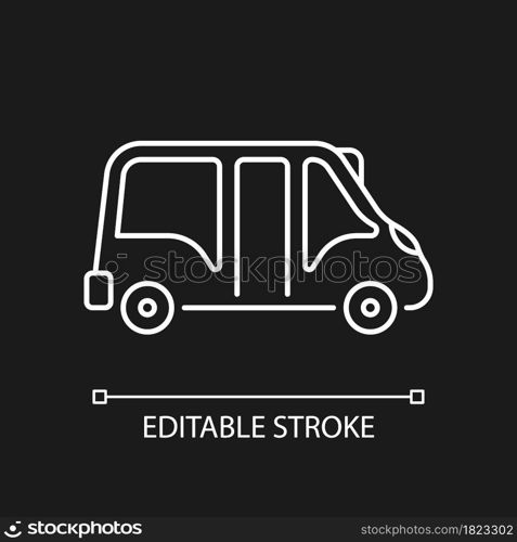 Minibus white linear icon for dark theme. Small bus for transporting passengers. Motor vehicle. Thin line customizable illustration. Isolated vector contour symbol for night mode. Editable stroke. Minibus white linear icon for dark theme