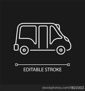 Minibus white linear icon for dark theme. Small bus for transporting passengers. Motor vehicle. Thin line customizable illustration. Isolated vector contour symbol for night mode. Editable stroke. Minibus white linear icon for dark theme