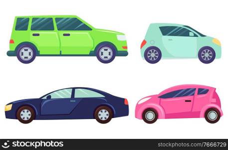 Minicar vector, isolated set of vehicles of different color and size flat style. Ecological transports in city, eco-friendly automobiles transportation illustration in flat style design for web, print. Car Models Jeep and Mini Automobile Vehicles Set