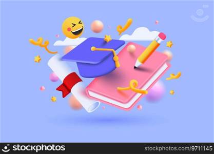 Minimal background for online education concept. Book with graduation hat on pasteurple background. 3d vector illustration