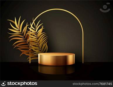 Minimal black scene with geometric shapes and palm leaves. Cylindrical gold and black podium on a black background. 3D stage for displaying a cosmetic product, showcase. Minimal black scene with geometric shapes and palm leaves. Cylindrical gold and black podium on a black background. 3D stage for displaying a cosmetic product
