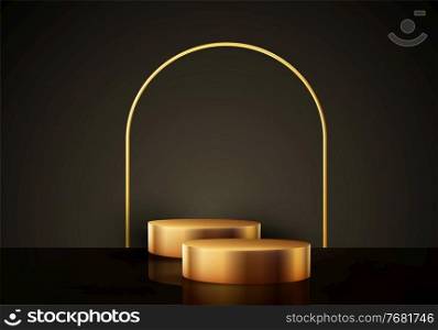 Minimal black scene with geometric shapes. Cylindrical gold and black podium on a black background. 3D stage for displaying a cosmetic product, showcase. Minimal black scene with geometric shapes. Cylindrical gold and black podium on a black background. 3D stage for displaying a cosmetic product