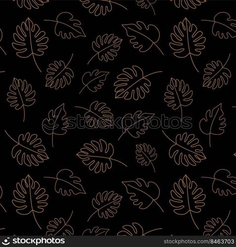 Minimal botanical art seamless pattern. Tropical monstera leaves silhouette and line art on pastel beige background. Exotic leaf vector design. Hand drawn line art botany illustration in pastel colors