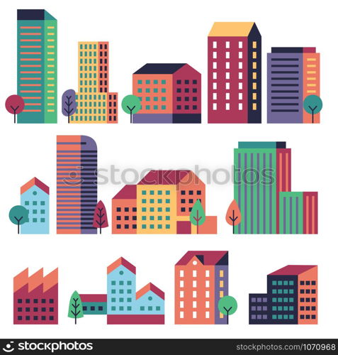 Minimal buildings. City skyline, geometric urban landscape elements for town construction. Flat residential houses and trees vector apartment home set. Minimal buildings. City skyline, geometric urban landscape elements for town construction. Flat residential houses and trees vector set