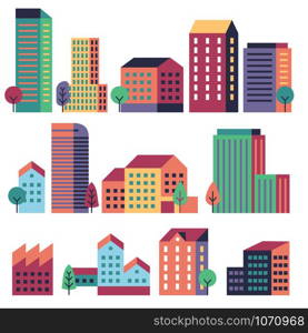 Minimal buildings. City skyline, geometric urban landscape elements for town construction. Flat residential houses and trees vector apartment home set. Minimal buildings. City skyline, geometric urban landscape elements for town construction. Flat residential houses and trees vector set