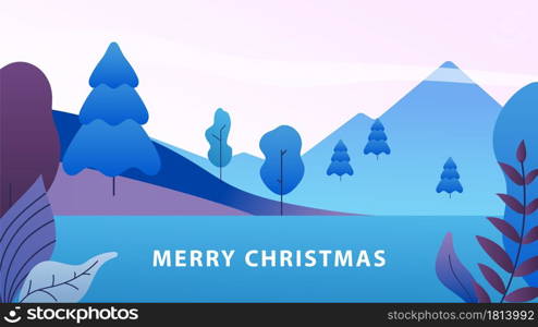 Minimal christmas landscape. Winter abstract nature background, new year forest and mountain. Seasonal vector illustration. Forest tree, christmas banner cartoon. Minimal christmas landscape. Winter abstract nature background, new year forest and mountain. Seasonal vector illustration