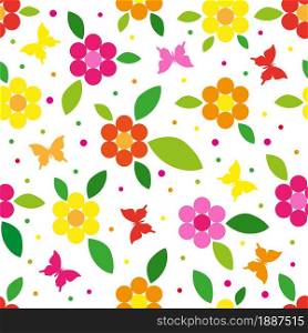 Minimal colorful flowers and leaves seamless patten. Vector illustration.