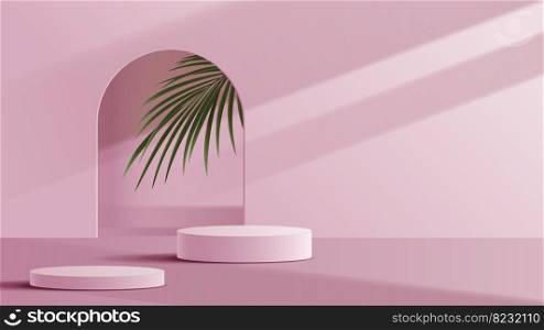 Minimal cosmetic pink background and premium podium display for product presentation branding and packaging presentation. studio stage with shadow of leaf background. vector design.