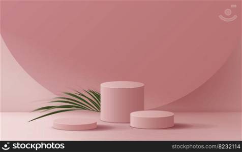 Minimal cosmetic pink background and premium podium display for product presentation branding and packaging presentation. studio stage with shadow of leaf background. vector design.