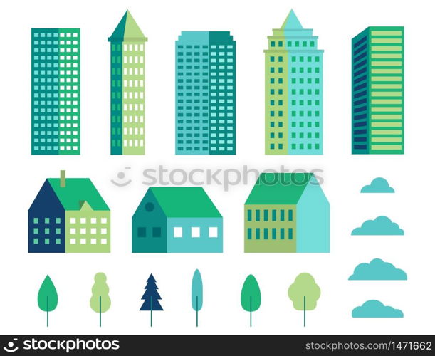 Minimal geometric buildings. Set of flat town, tree and cloud for landscape. Collection of urban houses for construction. Architecture countryside. Houses for cityscape skyline. vector illustration. Minimal geometric buildings. Set of flat town, tree and cloud for landscape. Collection of urban houses for construction. Architecture countryside. Houses for cityscape skyline. vector illustration.