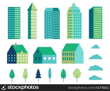 Minimal geometric buildings. Set of flat town, tree and cloud for landscape. Collection of urban houses for construction. Architecture countryside. Houses for cityscape skyline. vector illustration. Minimal geometric buildings. Set of flat town, tree and cloud for landscape. Collection of urban houses for construction. Architecture countryside. Houses for cityscape skyline. vector illustration.