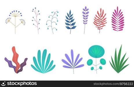 Minimal leaves flat. Simple green branches and bushes collection. Plant and tropical foliage. Jungle and garden summer botanical elements. Decor objects vector cartoon isolated on white background set. Minimal leaves flat. Simple green branches and bushes collection. Plant and tropical foliage. Jungle and garden summer botanical elements. Decor objects vector cartoon isolated set