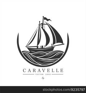 Minimal modern Sailing boat on the water, vector logo. Caravelle emblem.. Minimal modern Sailing boat on the water, vector logo. Caravelle emblem