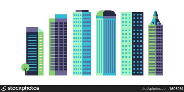 Minimal skyscrapers. Commercial architectural landscape, high multi-storey buildings collection, modern city urban panorama, simple geometric forms blue and green color vector flat isolated set. Minimal skyscrapers. Commercial architectural landscape, high multi-storey buildings, modern city urban panorama, simple geometric forms blue and green color vector flat set