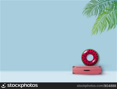 Minimal summer concept design of luggage and inflatable watermelon with copy space vector illustration