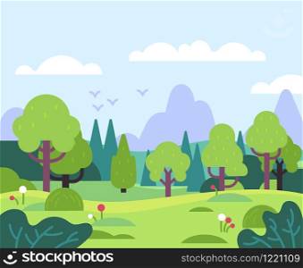 Minimal summer landscape. Nature park and forest plants, leaves and flowers. Mountain scenery for banner, greeting card flat vector horizontal minimalistic background. Minimal summer landscape. Nature park and forest plants, leaves and flowers. Mountain scenery for banner, greeting card flat vector background