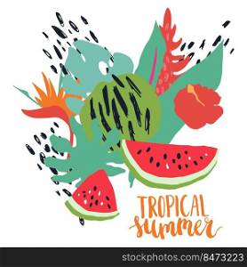 Minimal summer trendy vector illustration art in scandinavian style. Watermelon slice, exotic palm leaf, hibiscus, bird of paradise, alpinia flower and dots. Handwritten lettering phrase Tropical Summer. Minimal summer trendy vector illustration art in scandinavian style. Watermelon slice, exotic palm leaf, hibiscus, bird of paradise, alpinia flower and dots.
