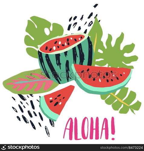 Minimal summer trendy vector illustration art in scandinavian style. Watermelon slice, exotic palm leaf and dots. Handwritten lettering phrase Aloha. Minimal summer trendy vector illustration art in scandinavian style. Watermelon slice, exotic palm leaf and dots.