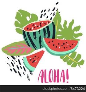 Minimal summer trendy vector illustration art in scandinavian style. Watermelon slice, exotic palm leaf and dots. Handwritten lettering phrase Aloha. Minimal summer trendy vector illustration art in scandinavian style. Watermelon slice, exotic palm leaf and dots.