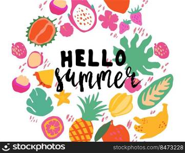 Minimal summer trendy vector illustration art in scandinavian style. Exotic fruits, palm leaf, hibiscus and dots. Handwritten lettering phrase Hello Summer. Minimal summer trendy vector illustration art in scandinavian style. Exotic fruits, palm leaf, hibiscus and dots.