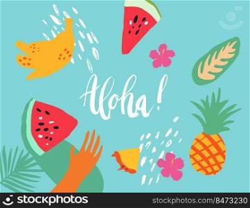 Minimal summer trendy vector illustration art in scandinavian style. Watermelon, pineapple, banana, palm leaf, hibiscus flower, hand and dots. Handwritten lettering phrase Aloha. Minimal summer trendy vector illustration art in scandinavian style. Watermelon, pineapple, banana, palm leaf, hibiscus flower, hand and dots.