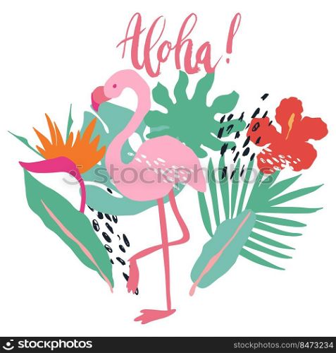 Minimal summer trendy vector illustration art in scandinavian style. Flamingo, exotic palm leaf, hibiscus bird of paradise flower and dots. Handwritten lettering phrase Aloha . Minimal summer trendy vector illustration art in scandinavian style. Flamingo, exotic palm leaf, hibiscus bird of paradise flower and dots.