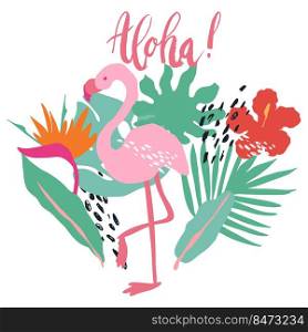 Minimal summer trendy vector illustration art in scandinavian style. Flamingo, exotic palm leaf, hibiscus bird of paradise flower and dots. Handwritten lettering phrase Aloha . Minimal summer trendy vector illustration art in scandinavian style. Flamingo, exotic palm leaf, hibiscus bird of paradise flower and dots.